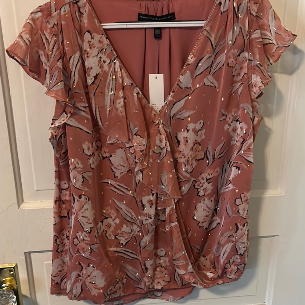 White House Black Market Rose Floral Ruffle V-Neck Blouse with Gold Accents